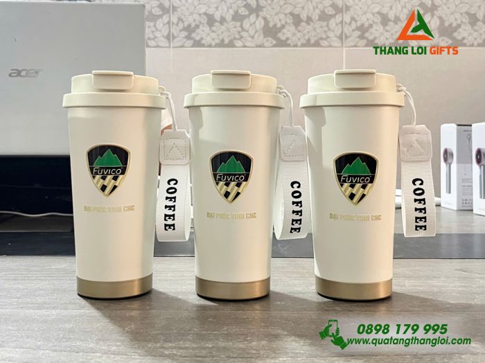 Ly Giữ Nhiệt 530ml Màu Trắng Kem In Logo Doanh Nghiệp Đại Phúc Vinh CNC