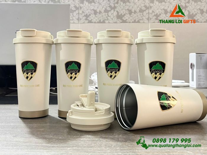 Ly Giữ Nhiệt 530ml Màu Trắng Kem In Logo Doanh Nghiệp Đại Phúc Vinh CNC