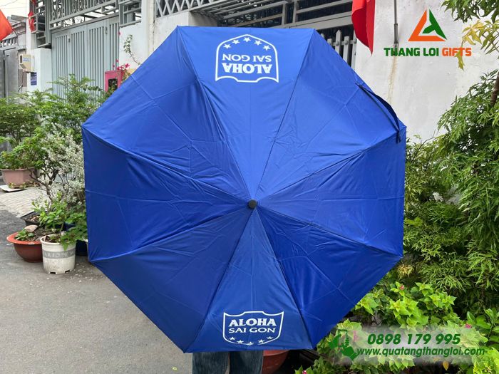 Ô Dù Cầm Tay Gấp 3 Màu Xanh - In Logo Trung Tâm Ngoại Ngữ ALOHA Sài Gòn