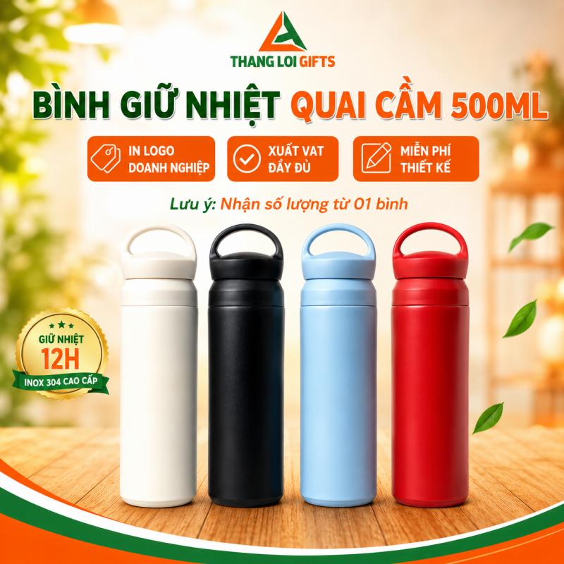 Bình Giữ Nhiệt Quai Cầm 500ml In Khắc Logo Nội Dung Làm Quà Tặng