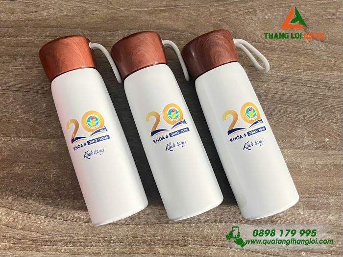 Bình Giữ Nhiệt Nắp Vân Gỗ In Logo Kỷ Niệm 20 Năm Về Trường THPT Hà Huy Tập