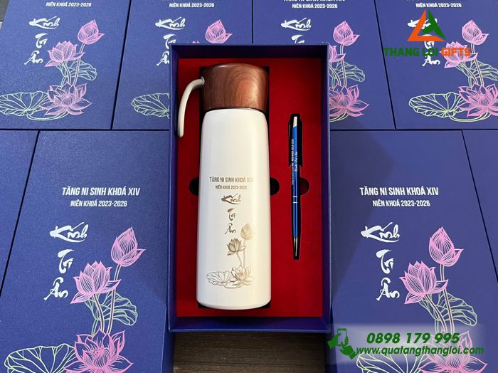 Combo Quà Tặng (Bình & Bút) In Khắc Hình Hoa Sen Làm Quà Tặng Phật Giáo