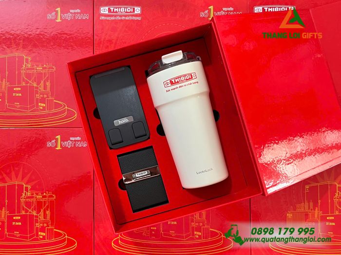 Giftset VIP (Ly Lock&Lock + Hộp Namecard + Giá Đỡ Điện Thoại) In Khắc Logo Doanh Nghiệp THIBIDI