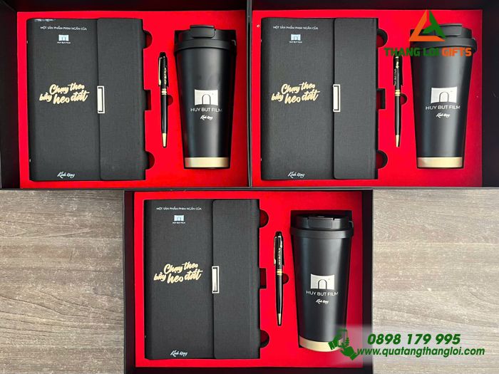 Giftset Quà Tặng (Sổ+ Ly+ Bút) Cao Cấp Màu Đen In Khắc Logo Huy Bụt Film Làm Quà Tặng Phim Ảnh