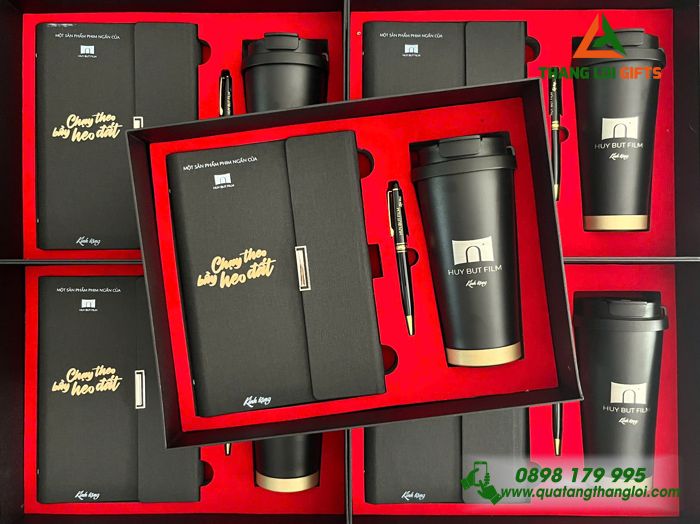 Giftset Quà Tặng (Sổ+ Ly+ Bút) Cao Cấp Màu Đen In Khắc Logo Huy Bụt Film Làm Quà Tặng Phim Ảnh