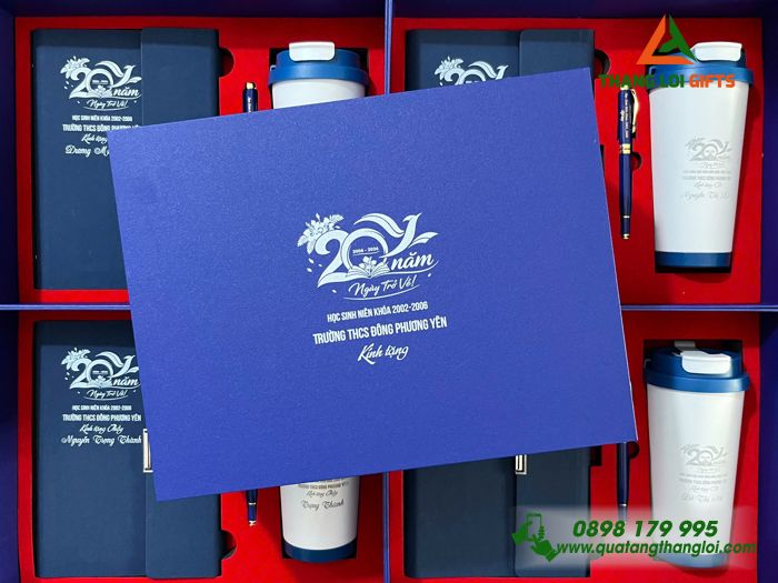 Giftset Bộ Quà Tặng (Sổ + Ly + Bút) Cao Cấp In Khắc Logo Kỷ Niệm 20 Năm Ngày Trở Về Trường THCS Đông Phương Yên