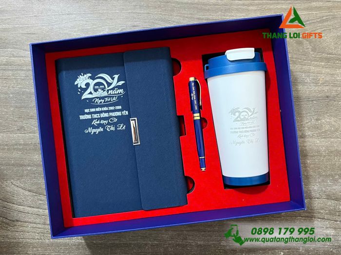 Giftset Bộ Quà Tặng (Sổ + Ly + Bút) Cao Cấp In Khắc Logo Kỷ Niệm 20 Năm Ngày Trở Về Trường THCS Đông Phương Yên