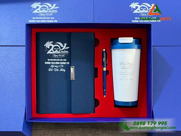 Giftset Bộ Quà Tặng (Sổ + Ly + Bút) Cao Cấp In Khắc Logo Kỷ Niệm 20 Năm Ngày Trở Về Trường THCS Đông Phương Yên