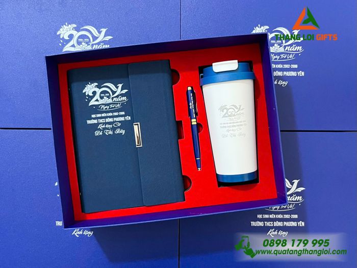 Giftset Bộ Quà Tặng (Sổ + Ly + Bút) Cao Cấp In Khắc Logo Kỷ Niệm 20 Năm Ngày Trở Về Trường THCS Đông Phương Yên