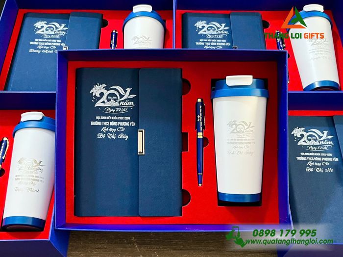 Giftset Bộ Quà Tặng (Sổ + Ly + Bút) Cao Cấp In Khắc Logo Kỷ Niệm 20 Năm Ngày Trở Về Trường THCS Đông Phương Yên