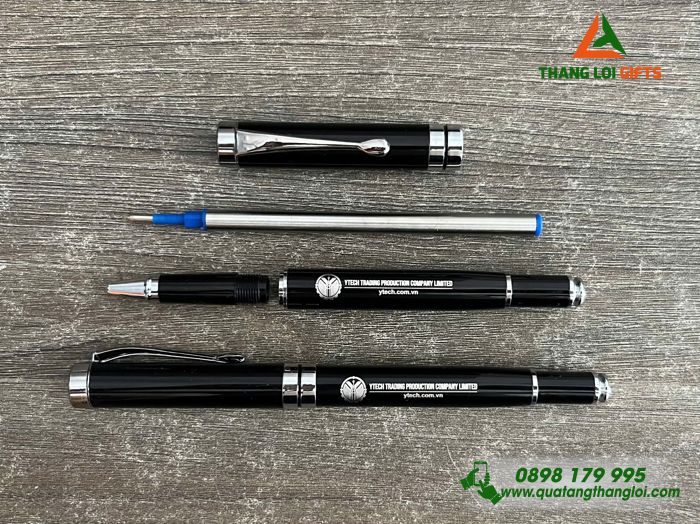 Bút Ký Kim Loại Nắp Màu Đen Khoen Bạc Khắc Logo Doanh Nghiệp Y TECH