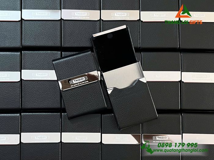 Hộp Đựng Namecard Kim Loại Phối Da Màu Đen Cao Cấp Khắc Logo Doanh Nghiệp THIBIDI