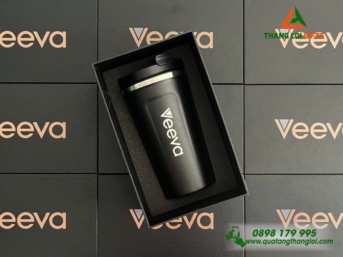 Ly Giữ Nhiệt 510ml Màu Đen + Hộp Giấy In Khắc Logo Doanh Nghiệp Veeva
