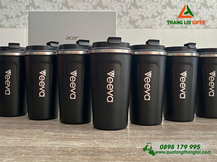 Ly Giữ Nhiệt 510ml Màu Đen + Hộp Giấy In Khắc Logo Doanh Nghiệp Veeva