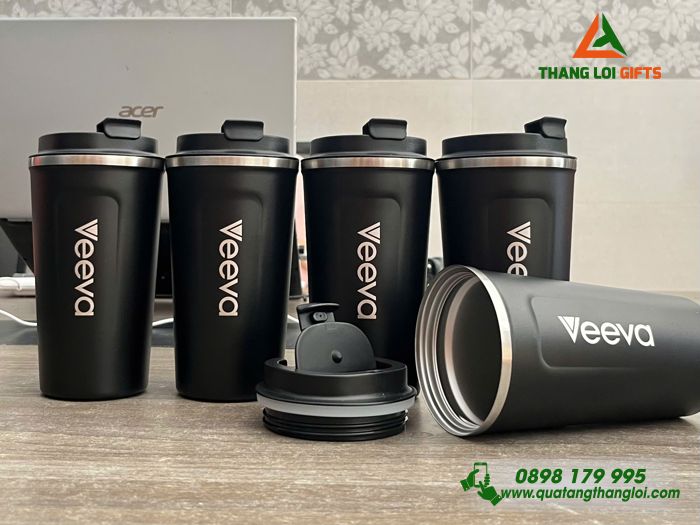 Ly Giữ Nhiệt 510ml Màu Đen + Hộp Giấy In Khắc Logo Doanh Nghiệp Veeva