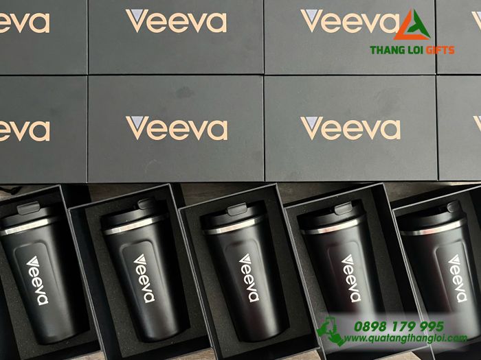 Ly Giữ Nhiệt 510ml Màu Đen + Hộp Giấy In Khắc Logo Doanh Nghiệp Veeva
