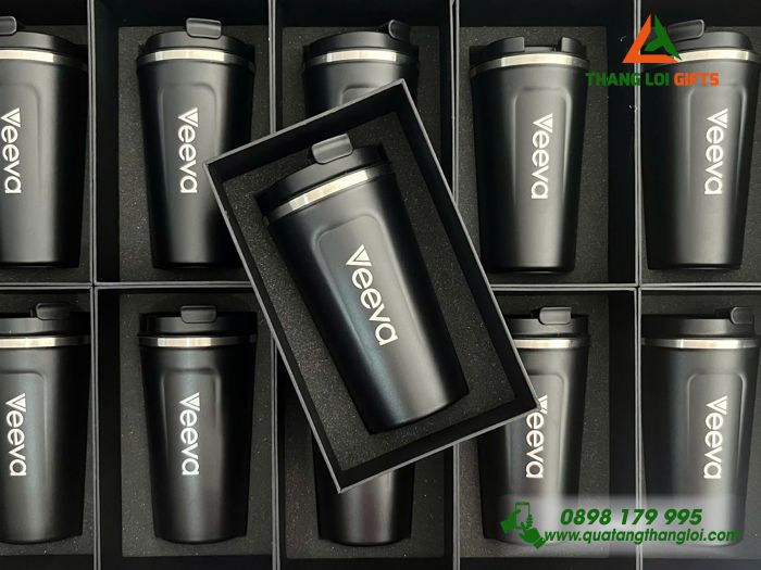 Ly Giữ Nhiệt 510ml Màu Đen + Hộp Giấy In Khắc Logo Doanh Nghiệp Veeva