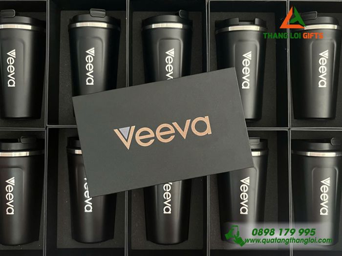 Ly Giữ Nhiệt 510ml Màu Đen + Hộp Giấy In Khắc Logo Doanh Nghiệp Veeva