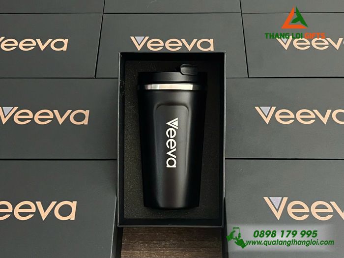 Ly Giữ Nhiệt 510ml Màu Đen + Hộp Giấy In Khắc Logo Doanh Nghiệp Veeva