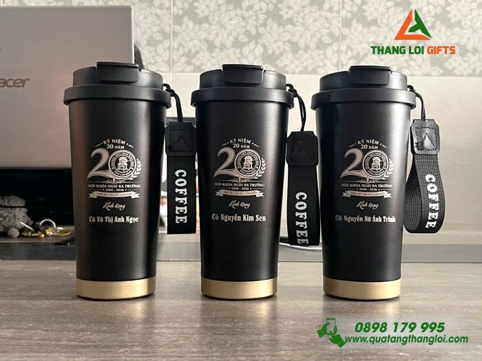 Ly Giữ Nhiệt Inox 316 530ml Màu Đen  Khắc Logo Kỷ Niệm 20 Năm Ngày Ra Trường THPT Trần Hưng Đạo