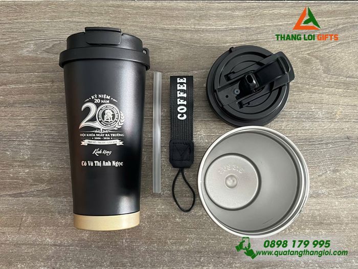 Ly Giữ Nhiệt Inox 316 530ml Màu Đen  Khắc Logo Kỷ Niệm 20 Năm Ngày Ra Trường THPT Trần Hưng Đạo