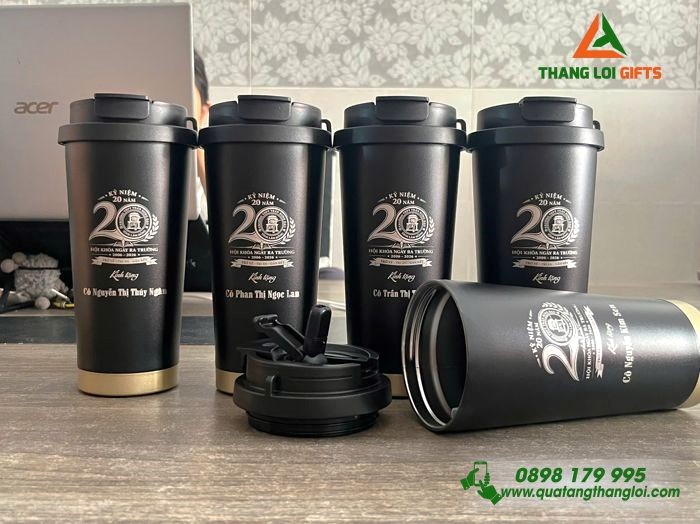 Ly Giữ Nhiệt Inox 316 530ml Màu Đen  Khắc Logo Kỷ Niệm 20 Năm Ngày Ra Trường THPT Trần Hưng Đạo