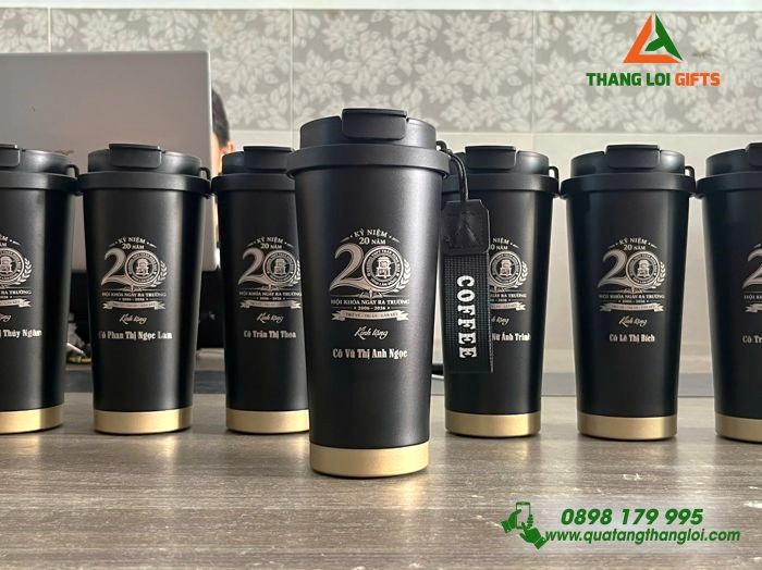 Ly Giữ Nhiệt Inox 316 530ml Màu Đen  Khắc Logo Kỷ Niệm 20 Năm Ngày Ra Trường THPT Trần Hưng Đạo