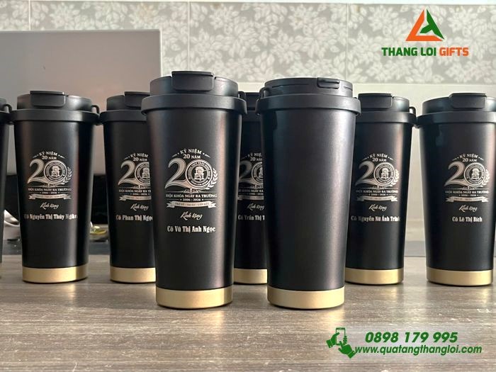 Ly Giữ Nhiệt Inox 316 530ml Màu Đen  Khắc Logo Kỷ Niệm 20 Năm Ngày Ra Trường THPT Trần Hưng Đạo