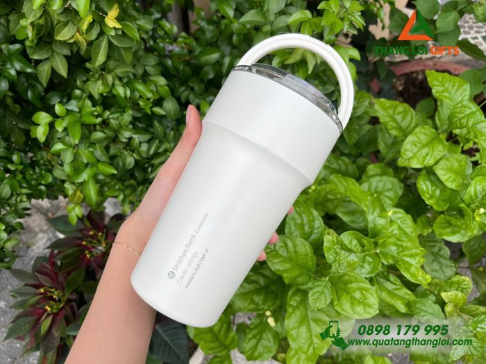 Ly Giữ Nhiệt Lock&Lock LHC4416 Phủ Sứ 710ml Màu Trắng Ngà Khắc Logo Shinhan Bank Làm Quà Tặng Ngân Hàng