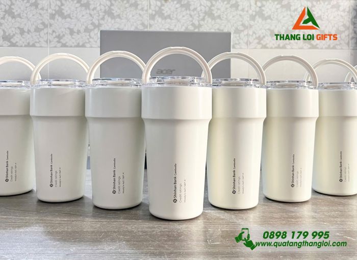 Ly Giữ Nhiệt Lock&Lock LHC4416 Phủ Sứ 710ml Màu Trắng Ngà Khắc Logo Shinhan Bank Làm Quà Tặng Ngân Hàng