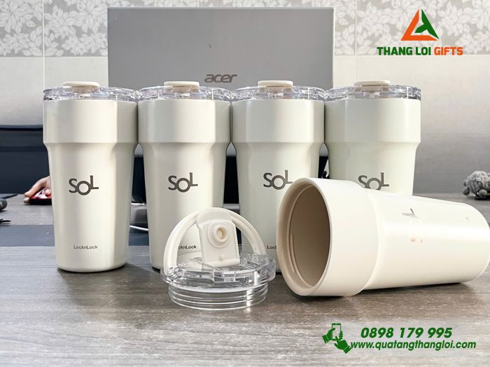 Ly Giữ Nhiệt Lock&Lock LHC4416 Phủ Sứ 710ml Màu Trắng Ngà Khắc Logo Shinhan Bank Làm Quà Tặng Ngân Hàng