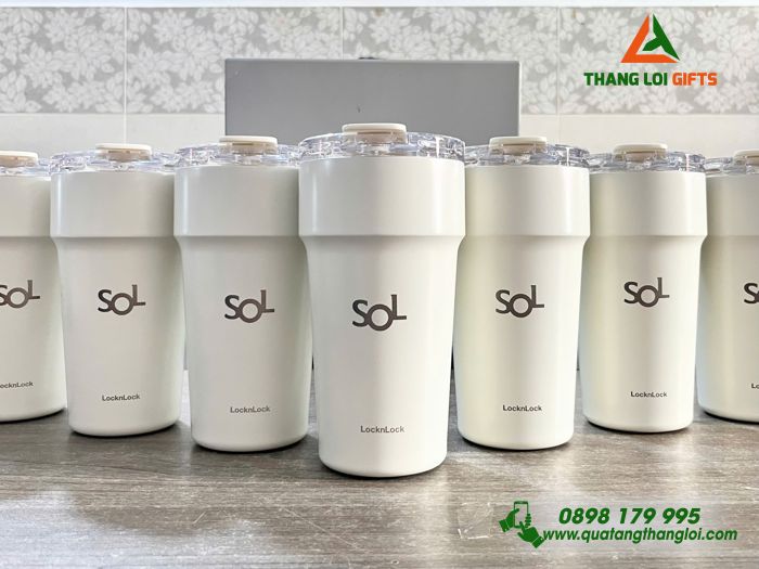 Ly Giữ Nhiệt Lock&Lock LHC4416 Phủ Sứ 710ml Màu Trắng Ngà Khắc Logo Shinhan Bank Làm Quà Tặng Ngân Hàng