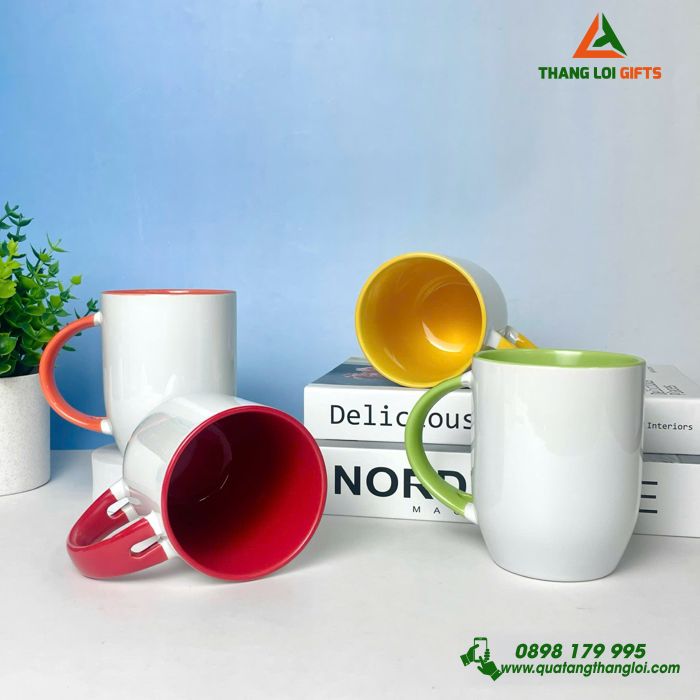 Cốc Sứ Đủ Màu Sắc & Kèm Muỗng In Logo Làm Quà Tặng