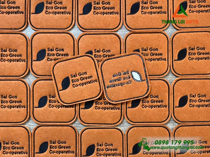 Miếng Lót Ly Màu Nâu Thêu Logo Doanh Nghiệp Sai Gon Eco Green Co-operative