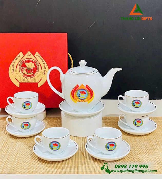 Bộ Ấm Trà Gốm Sứ Cao Cấp In Logo Làm Quà Tặng Đại Hội Đại Biểu