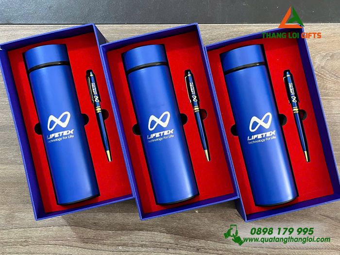 Combo Quà Tặng (Bình & Bút) Màu Xanh In Khắc Logo Doanh Nghiệp LIFETEX