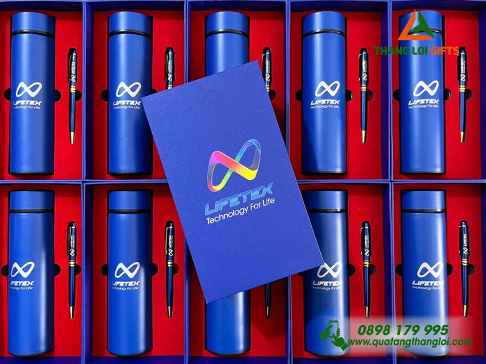 Combo Quà Tặng (Bình & Bút) Màu Xanh In Khắc Logo Doanh Nghiệp LIFETEX