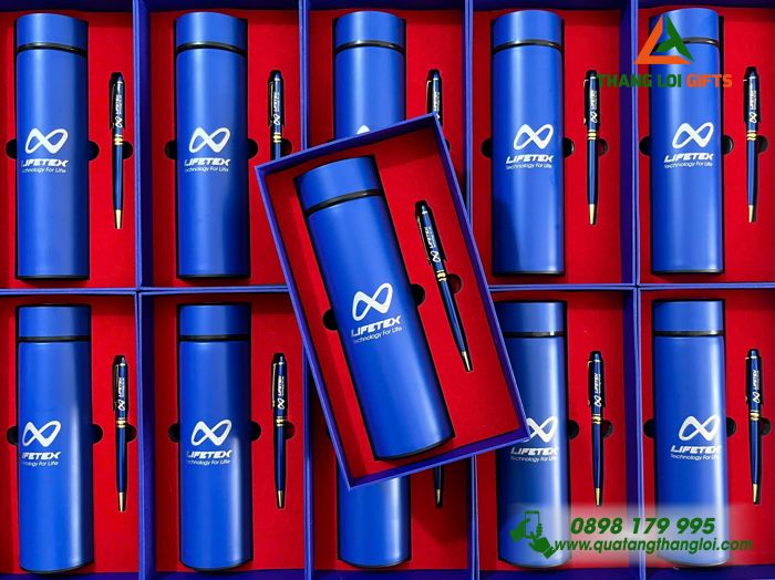 Combo Quà Tặng (Bình & Bút) Màu Xanh In Khắc Logo Doanh Nghiệp LIFETEX