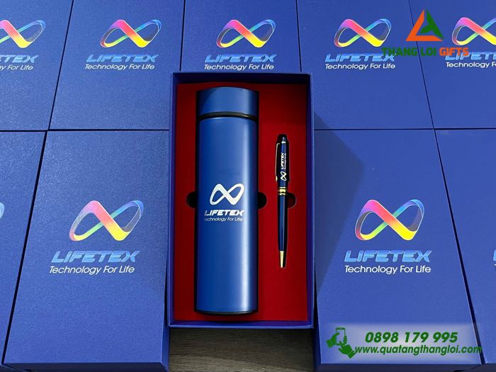 Combo Quà Tặng (Bình & Bút) Màu Xanh In Khắc Logo Doanh Nghiệp LIFETEX