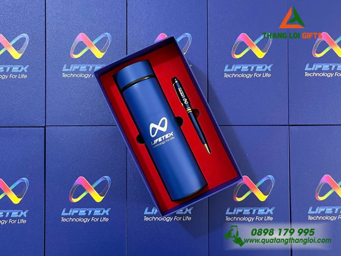 Combo Quà Tặng (Bình & Bút) Màu Xanh In Khắc Logo Doanh Nghiệp LIFETEX