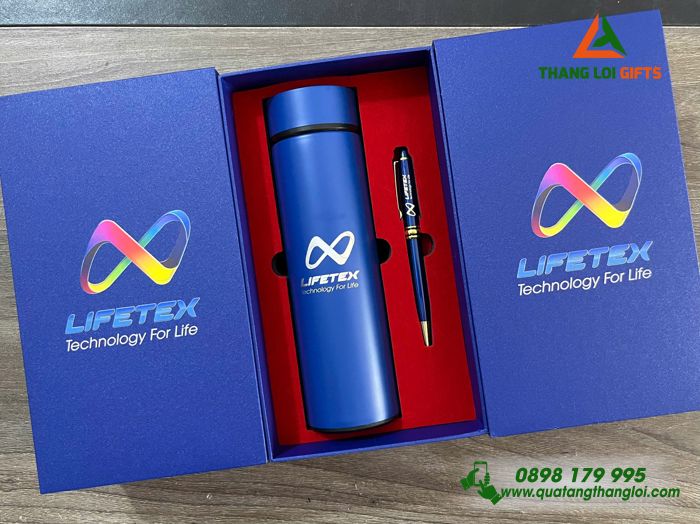 Combo Quà Tặng (Bình & Bút) Màu Xanh In Khắc Logo Doanh Nghiệp LIFETEX