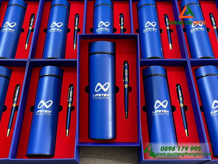 Combo Quà Tặng (Bình & Bút) Màu Xanh In Khắc Logo Doanh Nghiệp LIFETEX