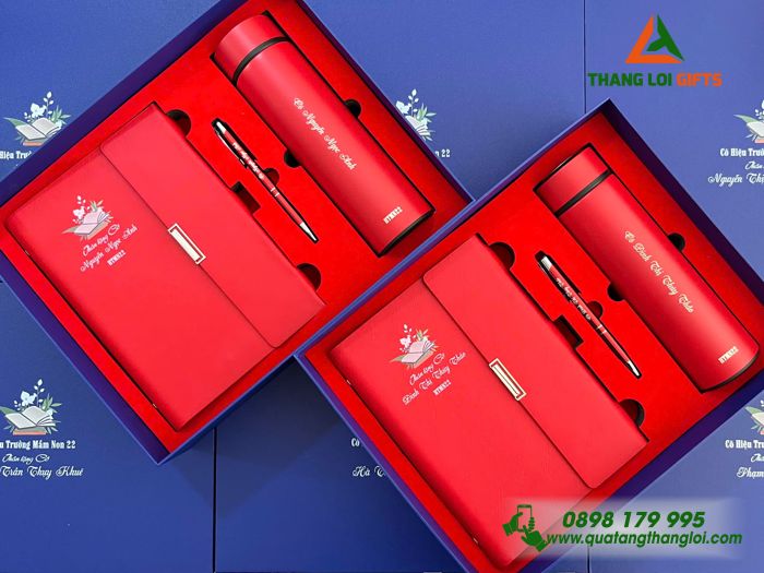 Giftset Quà Tặng (Sổ+ Bình+ Bút) Màu Đỏ In Khắc Tên Cô Giáo Làm Quà Tặng Trường Mầm Non 22