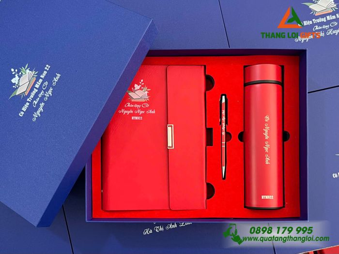 Giftset Quà Tặng (Sổ+ Bình+ Bút) Màu Đỏ In Khắc Tên Cô Giáo Làm Quà Tặng Trường Mầm Non 22