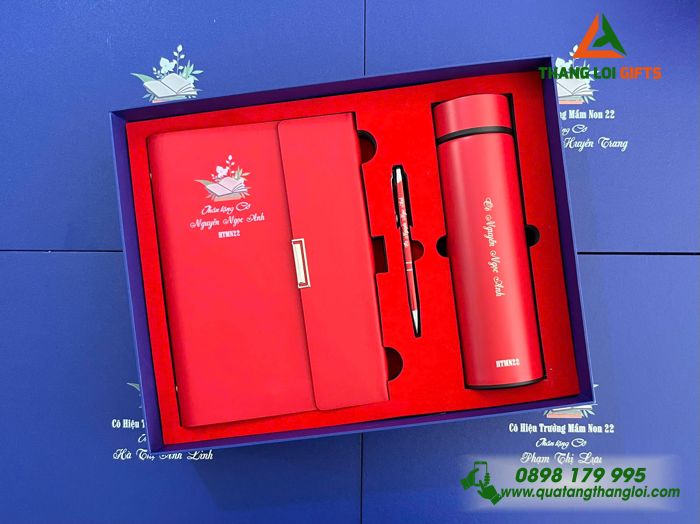 Giftset Quà Tặng (Sổ+ Bình+ Bút) Màu Đỏ In Khắc Tên Cô Giáo Làm Quà Tặng Trường Mầm Non 22