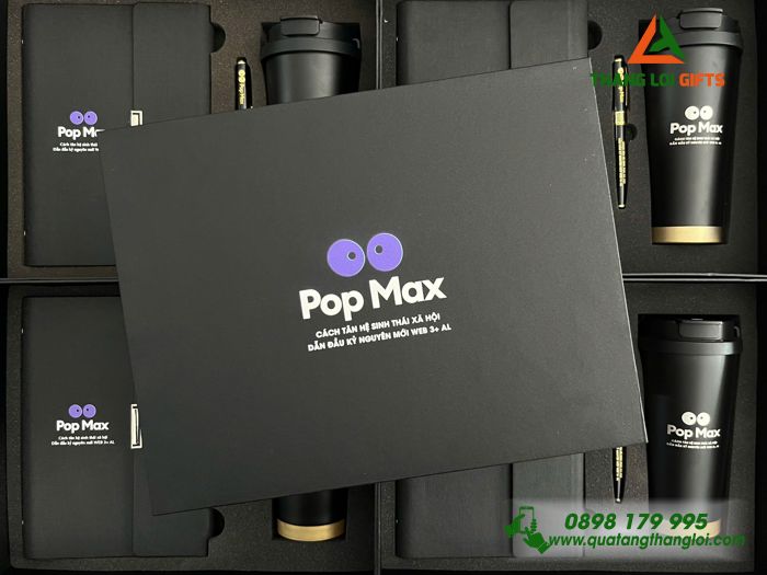 Set Quà Tặng (Sổ+ Ly+ Bút) Màu Đen In Khắc Logo Pop Max