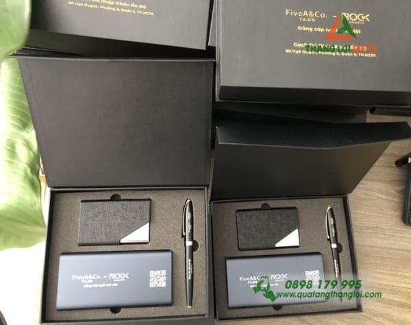Bộ giftset Pin sạc, Bút & Hộp đựng Namecard - In logo FiveA & Co.TiLES - ROCK_Granito