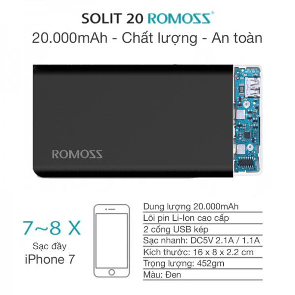 Pin Sac Du Phong ROMOSS SOLIT 20 20000MAH (ĐEN) (1)