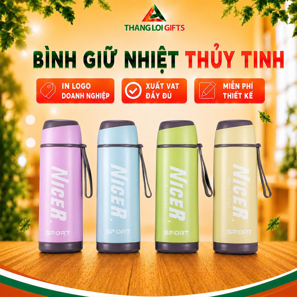 Bình Giữ Nhiệt Thủy Tinh in logo theo yêu cầu Doanh nghiệp