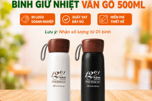 Bình Giữ Nhiệt Inox Nắp Vân Gỗ 500ml In Khắc Logo Doanh Nghiệp